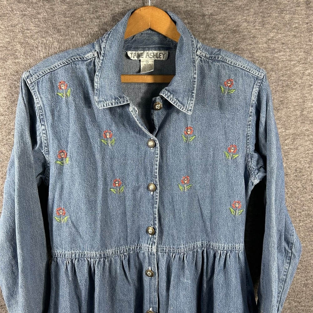 Vintage Floral Embroidered Jane Ashley Cottagecore ButtonUp Denim Dress Womens M